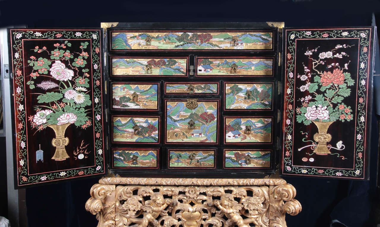 Chinoiserie Chinese Carved Coromandel Chest on a 18th Century Giltwood Carved Base