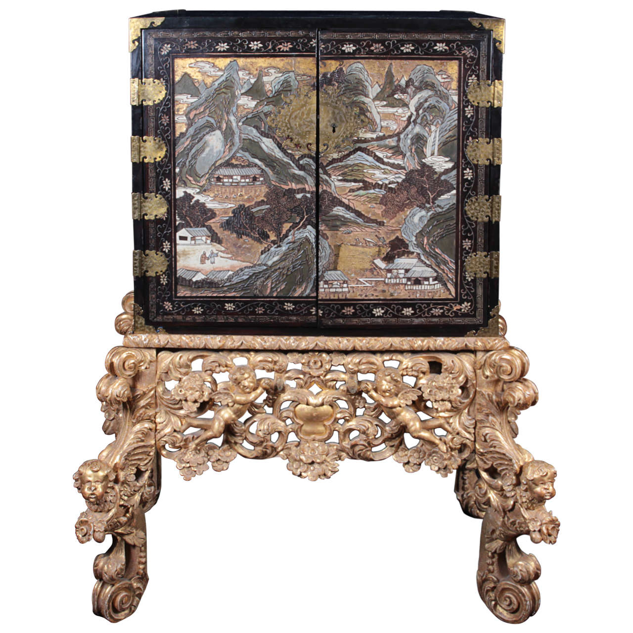 Chinese Carved Coromandel Chest on a 18th Century Giltwood Carved Base