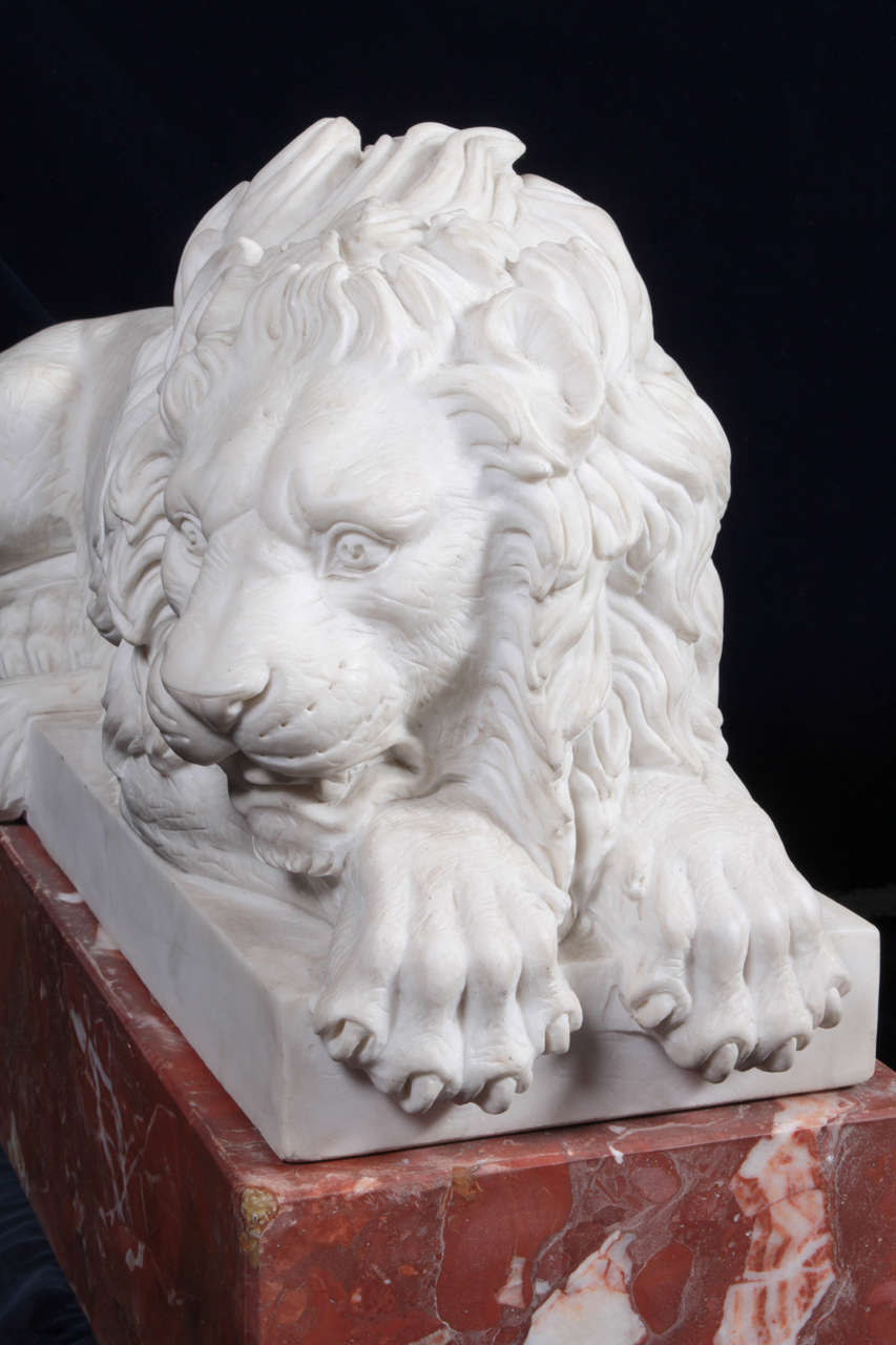 Pair of Reclining Carrara Marble Lions on Jasper Marble Plinths, after Canova In Excellent Condition In New York, NY