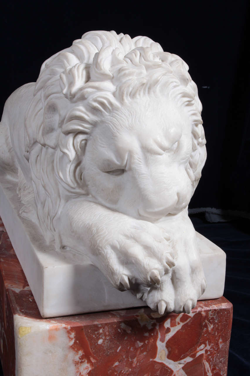 XIXe siècle Paire de lions couchés en marbre de Carrare sur socles en marbre de jaspe, d'après Canova