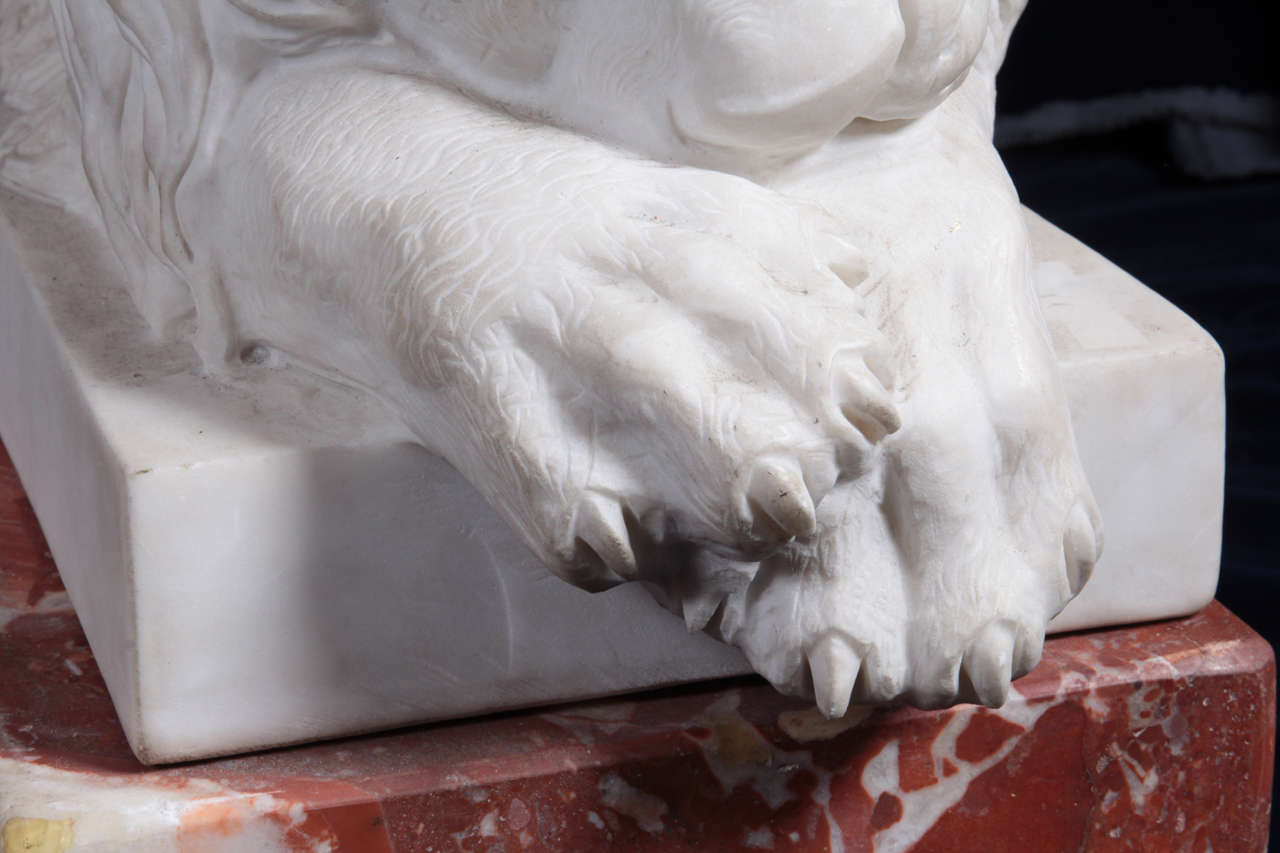 Marbre de Carrare Paire de lions couchés en marbre de Carrare sur socles en marbre de jaspe, d'après Canova
