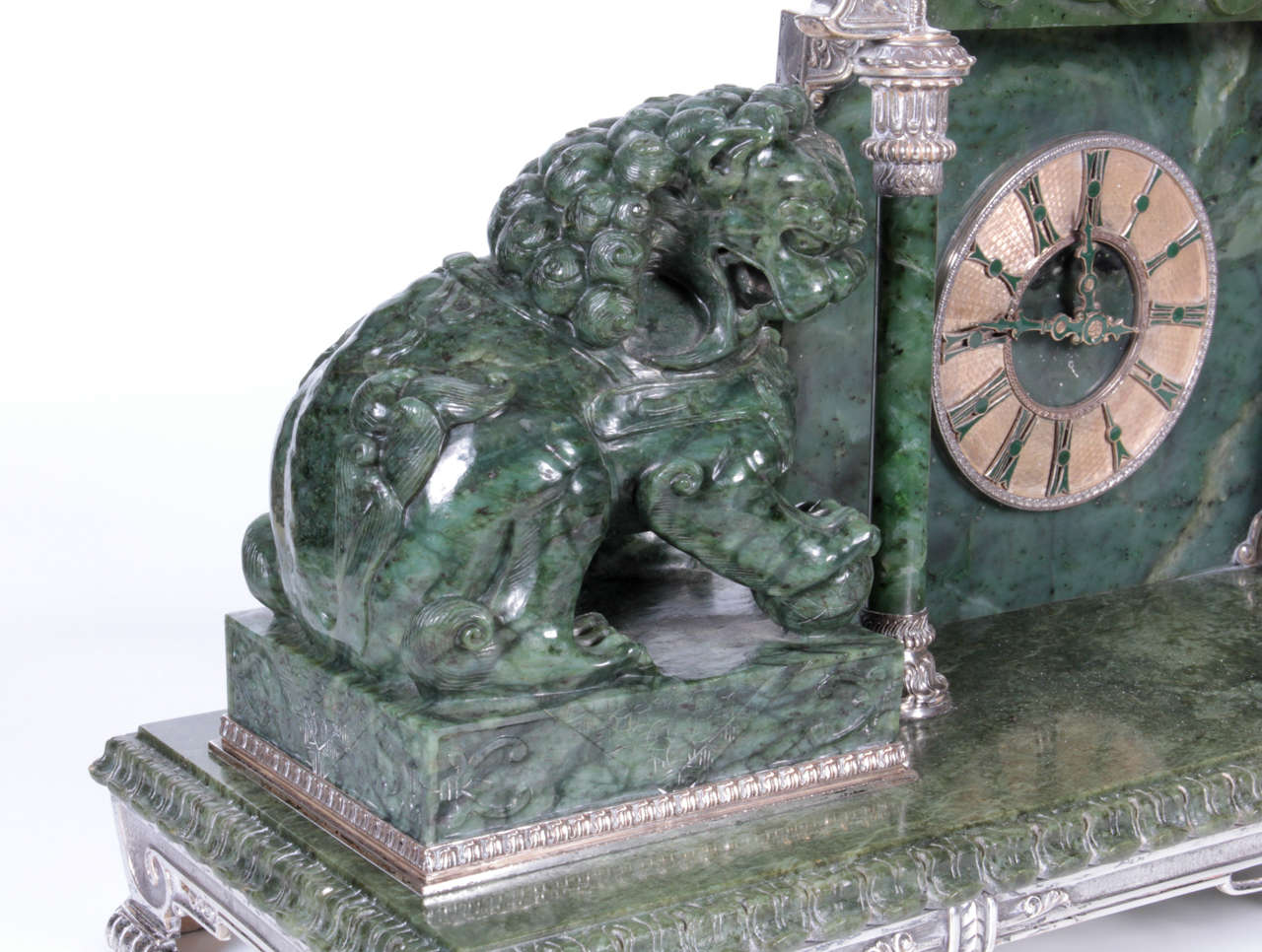 Silvered BronzeMounted Chinese Spinach Jade Portico Mantle Clock