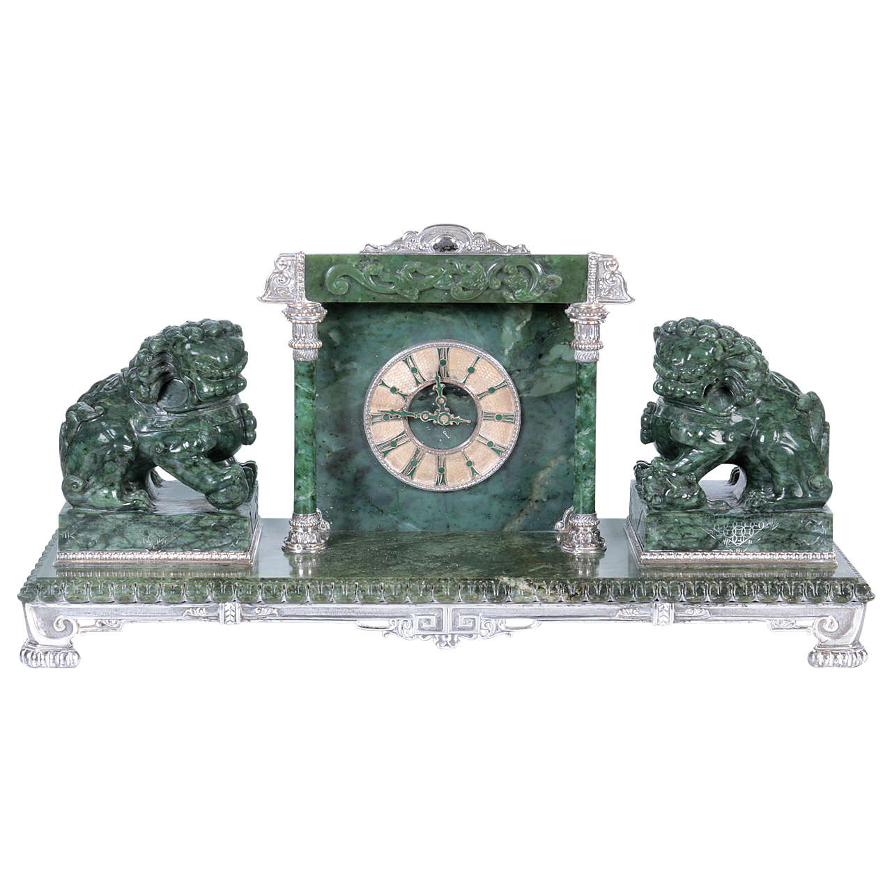 Silvered BronzeMounted Chinese Spinach Jade Portico Mantle Clock