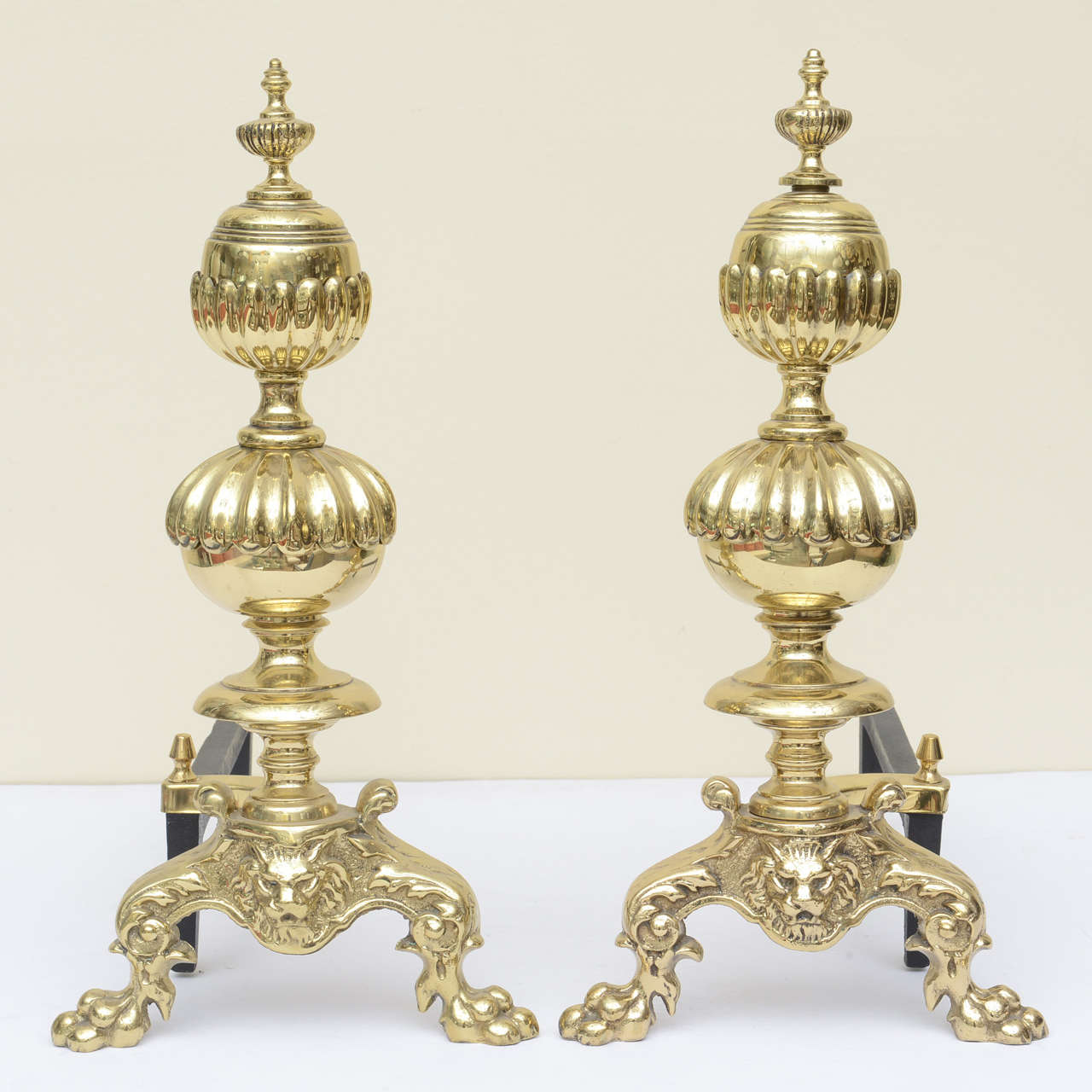 American Oversized Georgian Style Andirons Brass & Cast Iron  For Sale