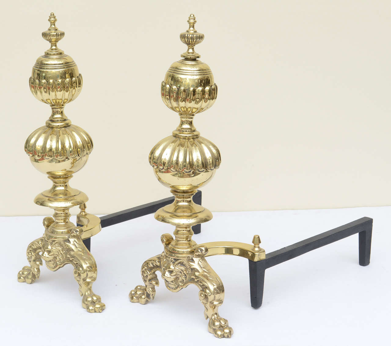 Mid-20th Century Oversized Georgian Style Andirons Brass & Cast Iron  For Sale