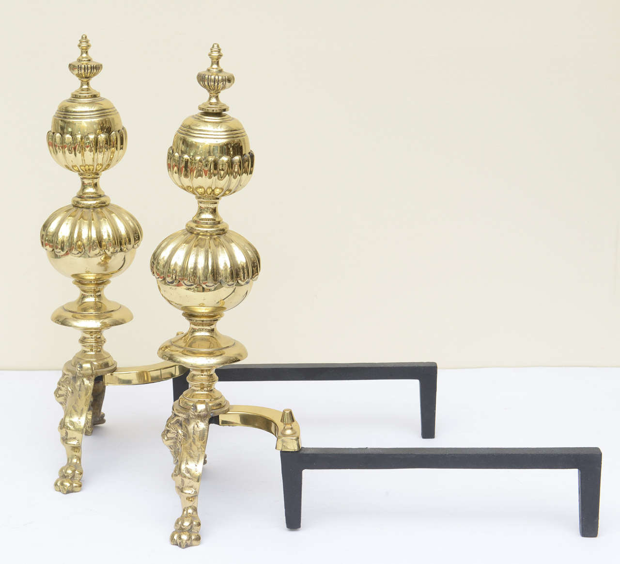 Oversized Georgian Style Andirons Brass & Cast Iron  For Sale 1