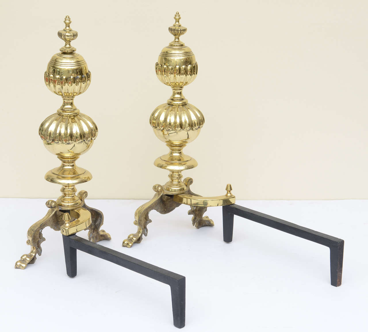 Oversized Georgian Style Andirons Brass & Cast Iron  For Sale 2