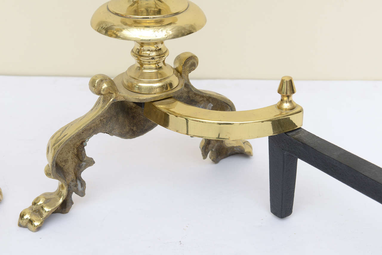 Oversized Georgian Style Andirons Brass & Cast Iron  For Sale 3