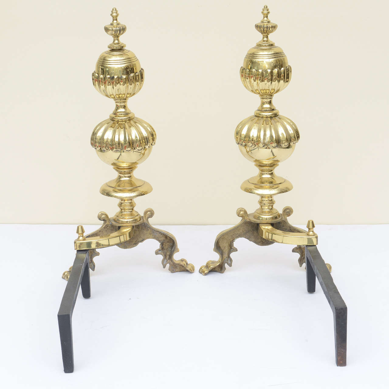 Oversized Georgian Style Andirons Brass & Cast Iron  For Sale 4