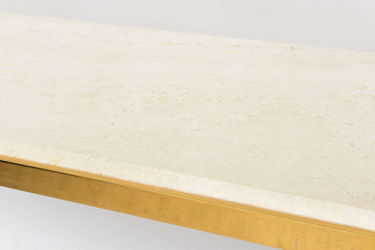 An American Modern Lucite, Brass and Travertine Marble Console, Lion in Frost In Excellent Condition In Hollywood, FL