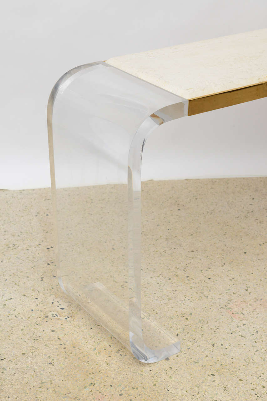 Late 20th Century An American Modern Lucite, Brass and Travertine Marble Console, Lion in Frost