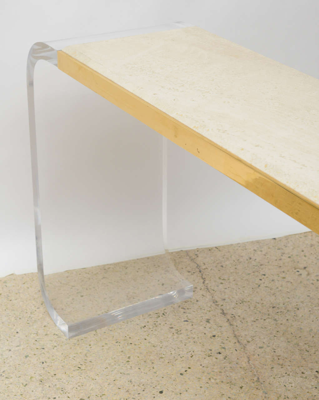 An American Modern Lucite, Brass and Travertine Marble Console, Lion in Frost 2