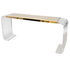 An American Modern Lucite, Brass and Travertine Marble Console, Lion in Frost