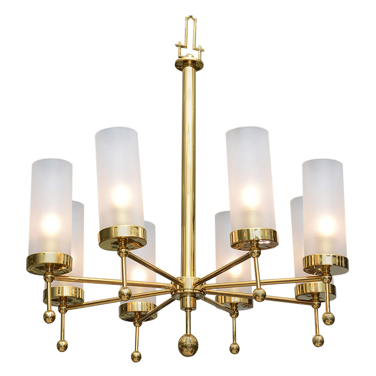 Italian Modern Brass and Glass Eight-Light Chandelier in the Manner of Stilnovo For Sale