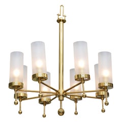 Italian Modern Brass and Glass Eight-Light Chandelier in the Manner of Stilnovo