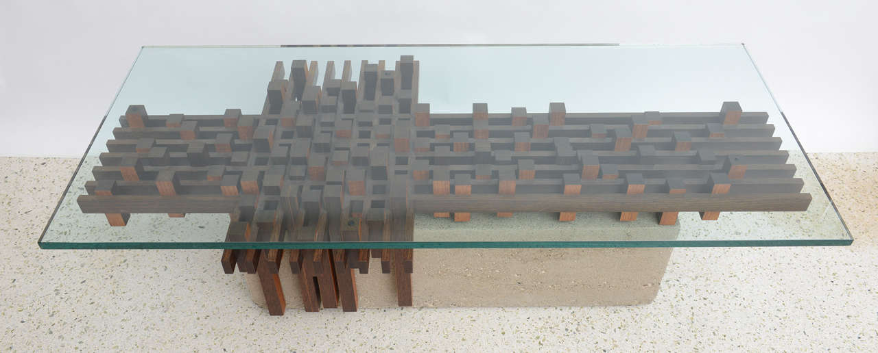 Mid-Century Modern Italian Walnut and Concrete Glass Low Table Attributed to Giovanni Michelucci