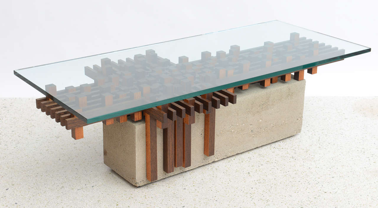 Italian Walnut and Concrete Glass Low Table Attributed to Giovanni Michelucci In Excellent Condition In Hollywood, FL
