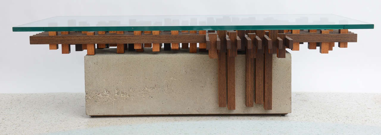 Italian Walnut and Concrete Glass Low Table Attributed to Giovanni Michelucci 3