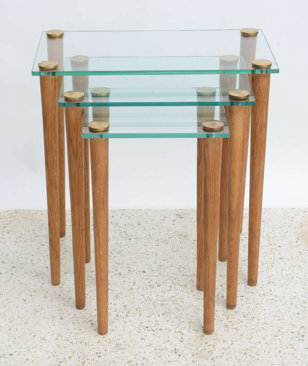 Mid-Century Modern American Modern Set of Walnut, Brass and Glass Nesting Tables, Gilbert Rohde