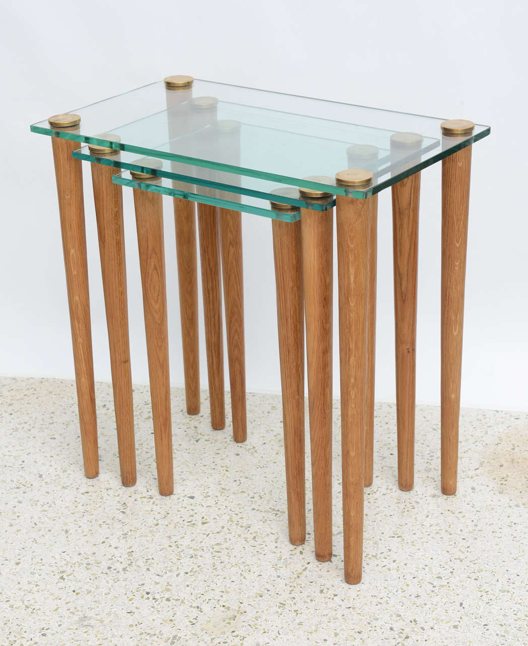 American Modern Set of Walnut, Brass and Glass Nesting Tables, Gilbert Rohde In Excellent Condition In Hollywood, FL
