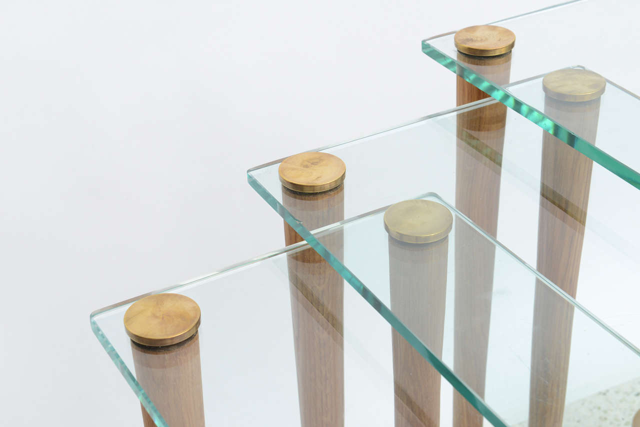 American Modern Set of Walnut, Brass and Glass Nesting Tables, Gilbert Rohde 1