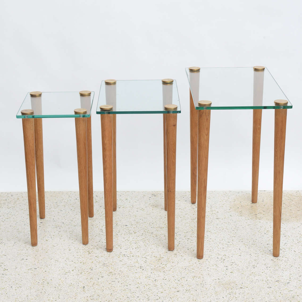 American Modern Set of Walnut, Brass and Glass Nesting Tables, Gilbert Rohde 2