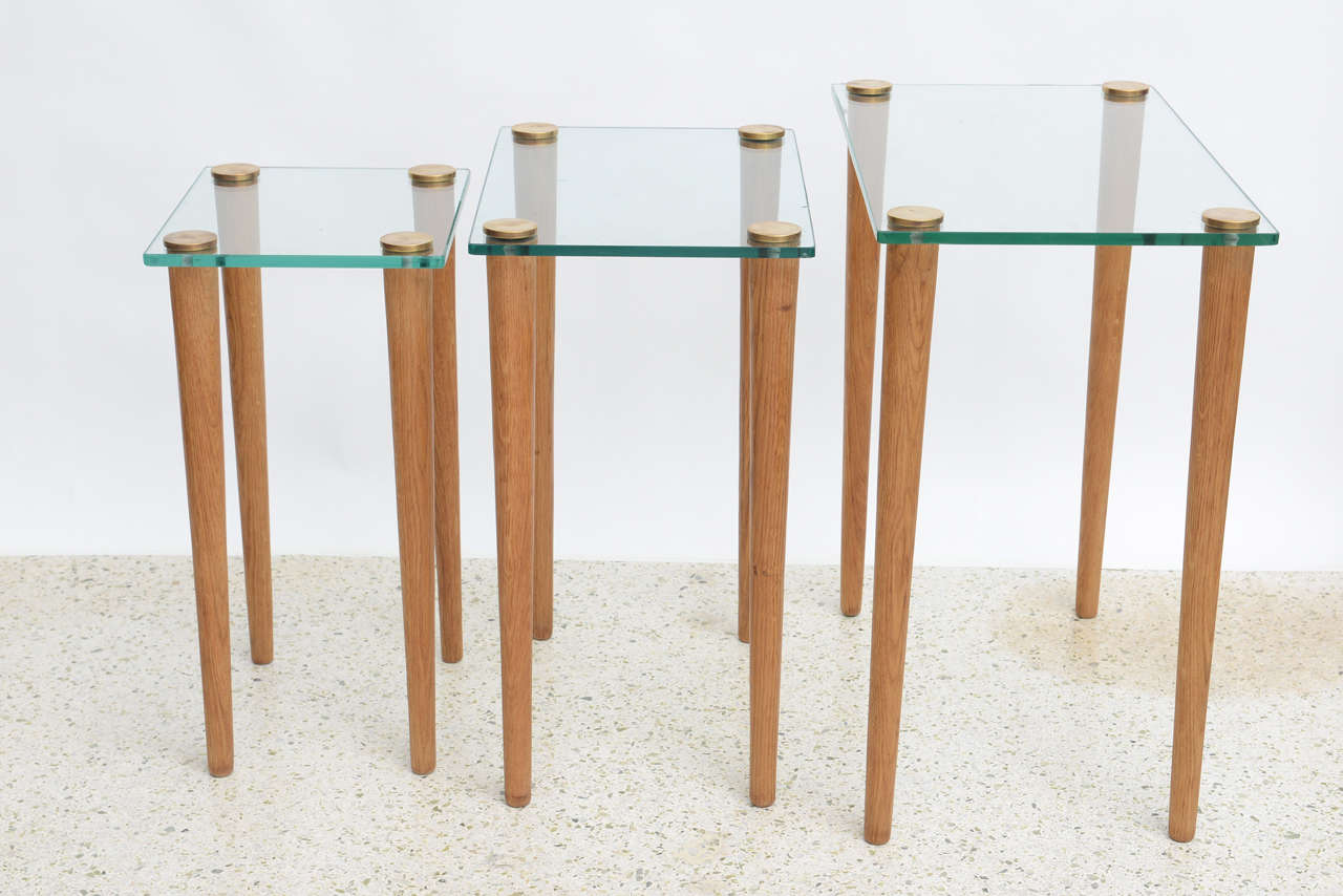 American Modern Set of Walnut, Brass and Glass Nesting Tables, Gilbert Rohde 3