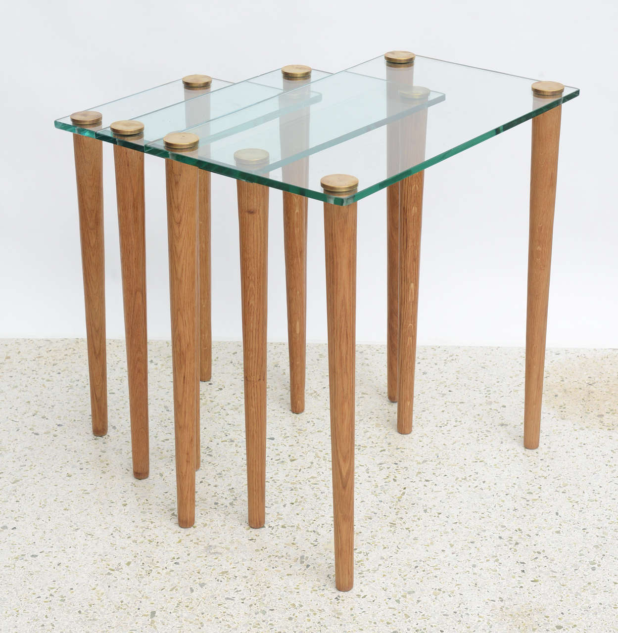 American Modern Set of Walnut, Brass and Glass Nesting Tables, Gilbert Rohde 4