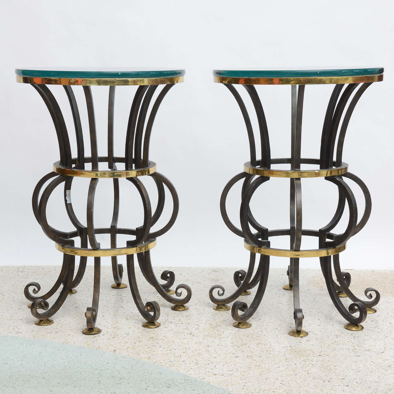 Mid-Century Modern Pair of Iron and Brass with Glass Top Tables by Arturo Pani For Sale