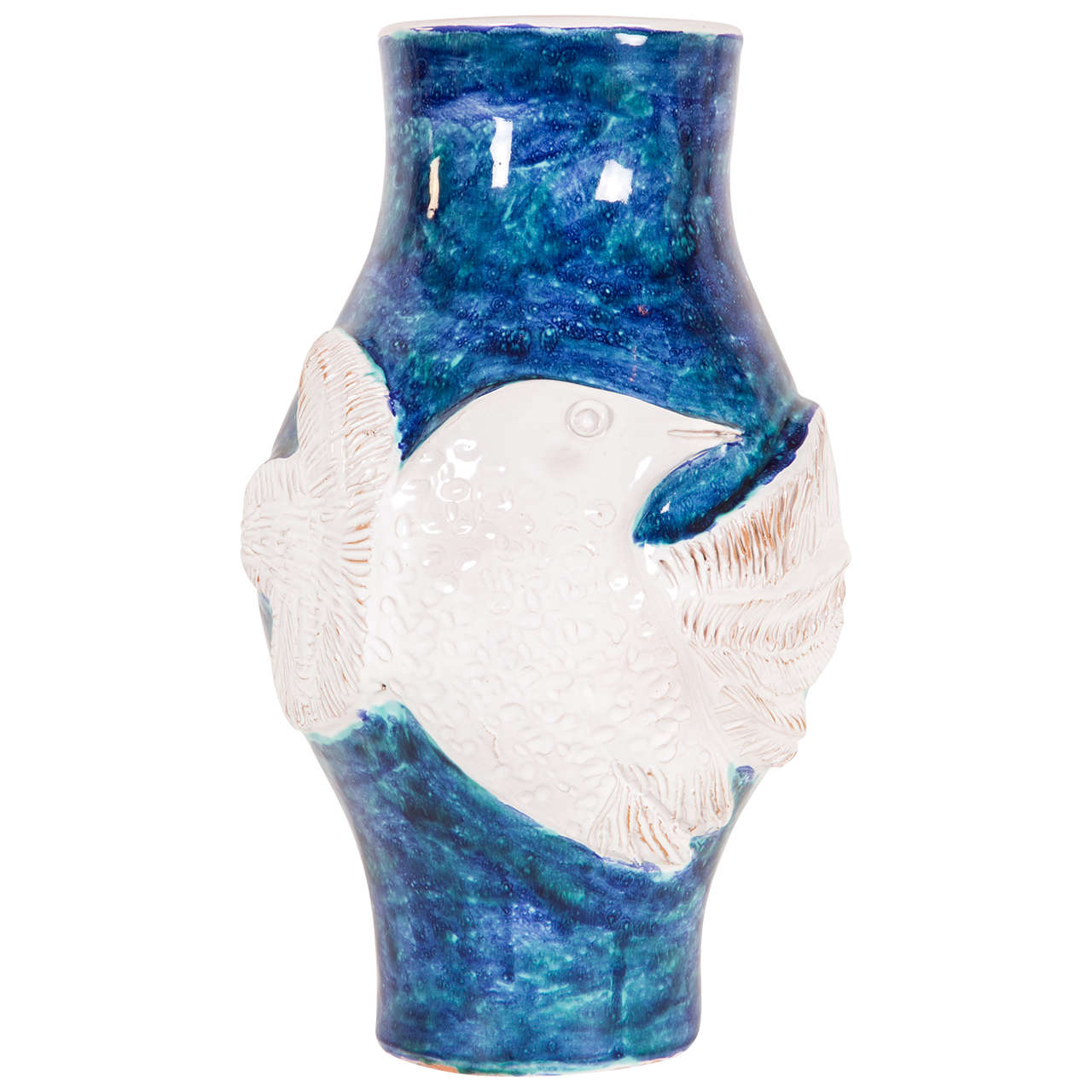 Blue White Vase with Bird Gigi, circa 1960s by Robert and Jean Cloutier For Sale