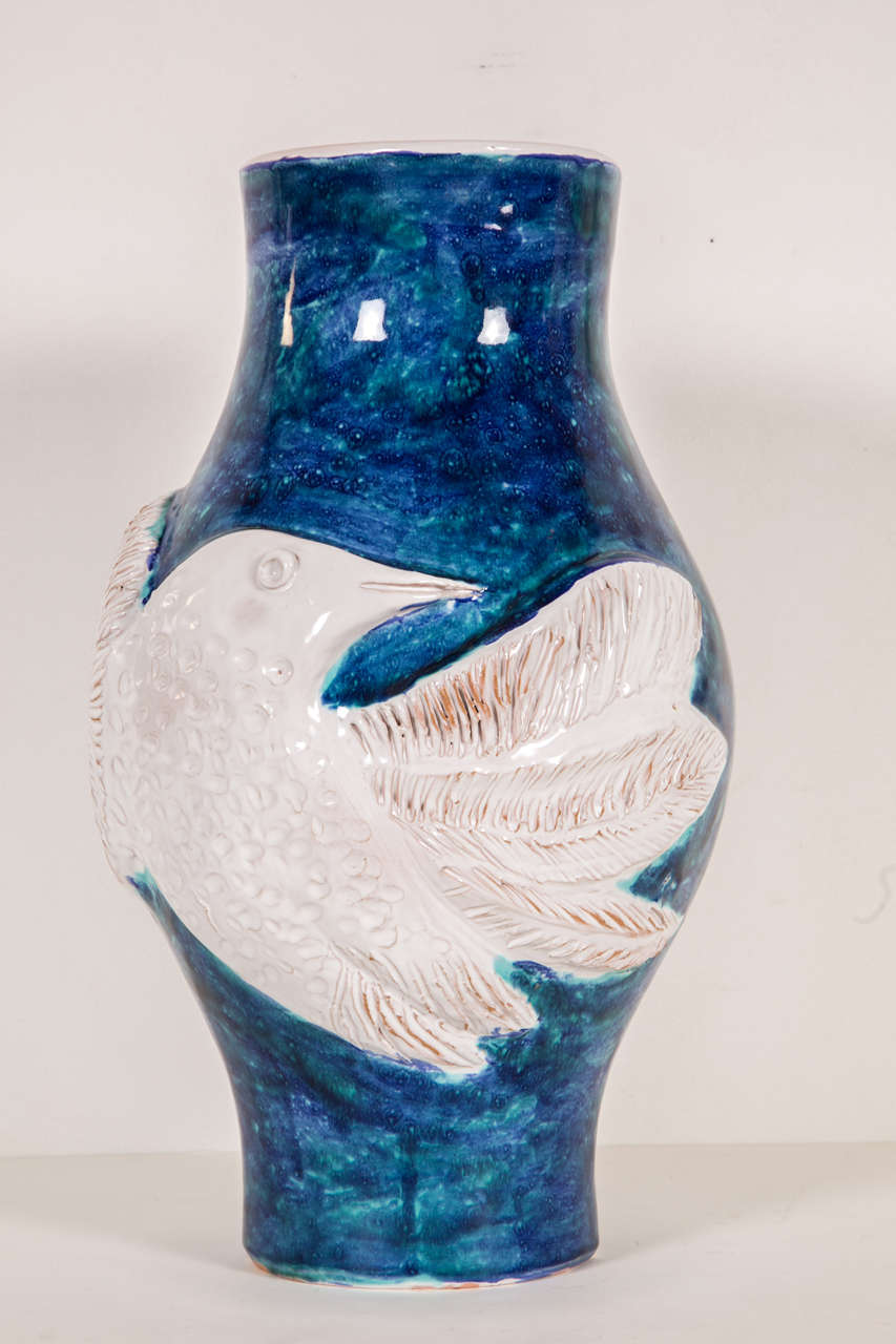 French Blue White Vase with Bird Gigi, circa 1960s by Robert and Jean Cloutier For Sale