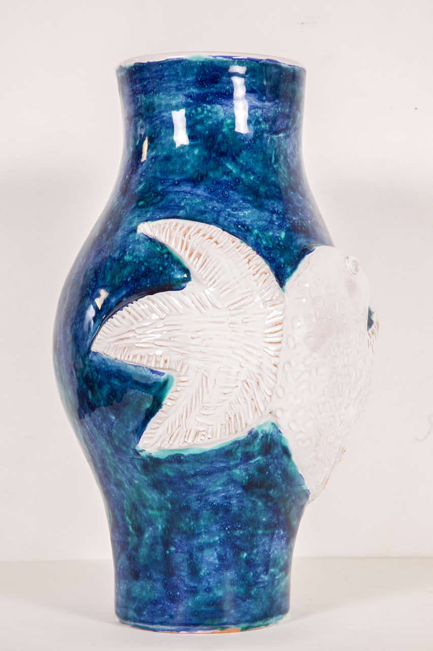 Earthenware Blue White Vase with Bird Gigi, circa 1960s by Robert and Jean Cloutier For Sale