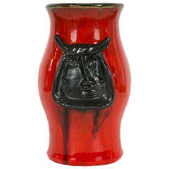 Vintage Red Vase with Blach Bull Head by Robert and Jean Cloutier