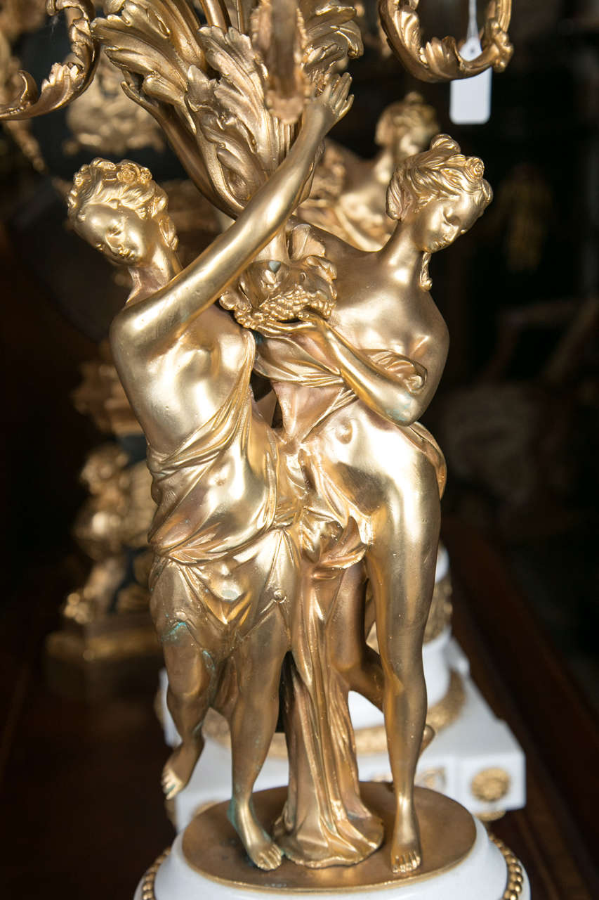 Pair of Three-Light Gilt Bronze and Marble Candelabras In Excellent Condition For Sale In Woodbury, CT