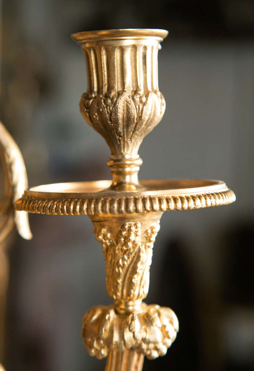 Ormolu Pair of Three-Light Gilt Bronze and Marble Candelabras For Sale
