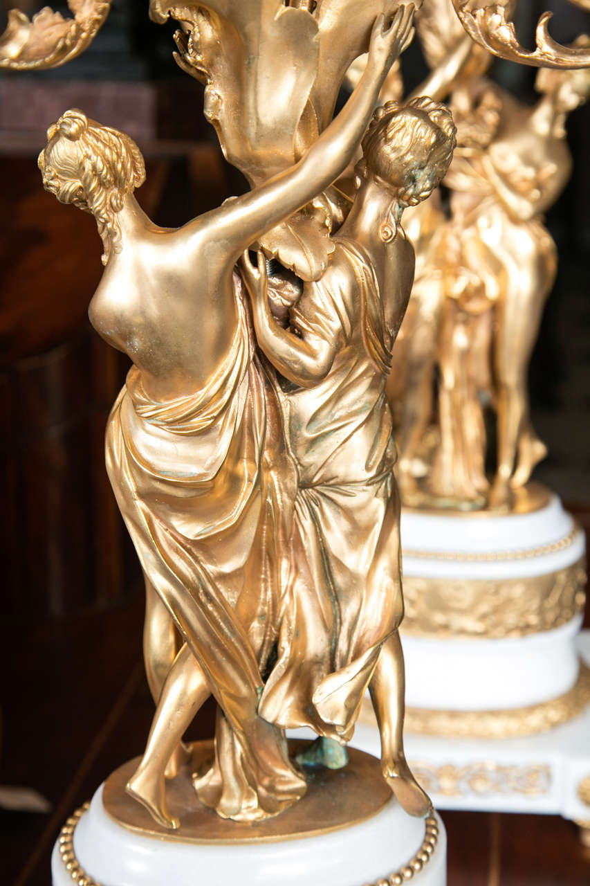 Pair of Three-Light Gilt Bronze and Marble Candelabras For Sale 3