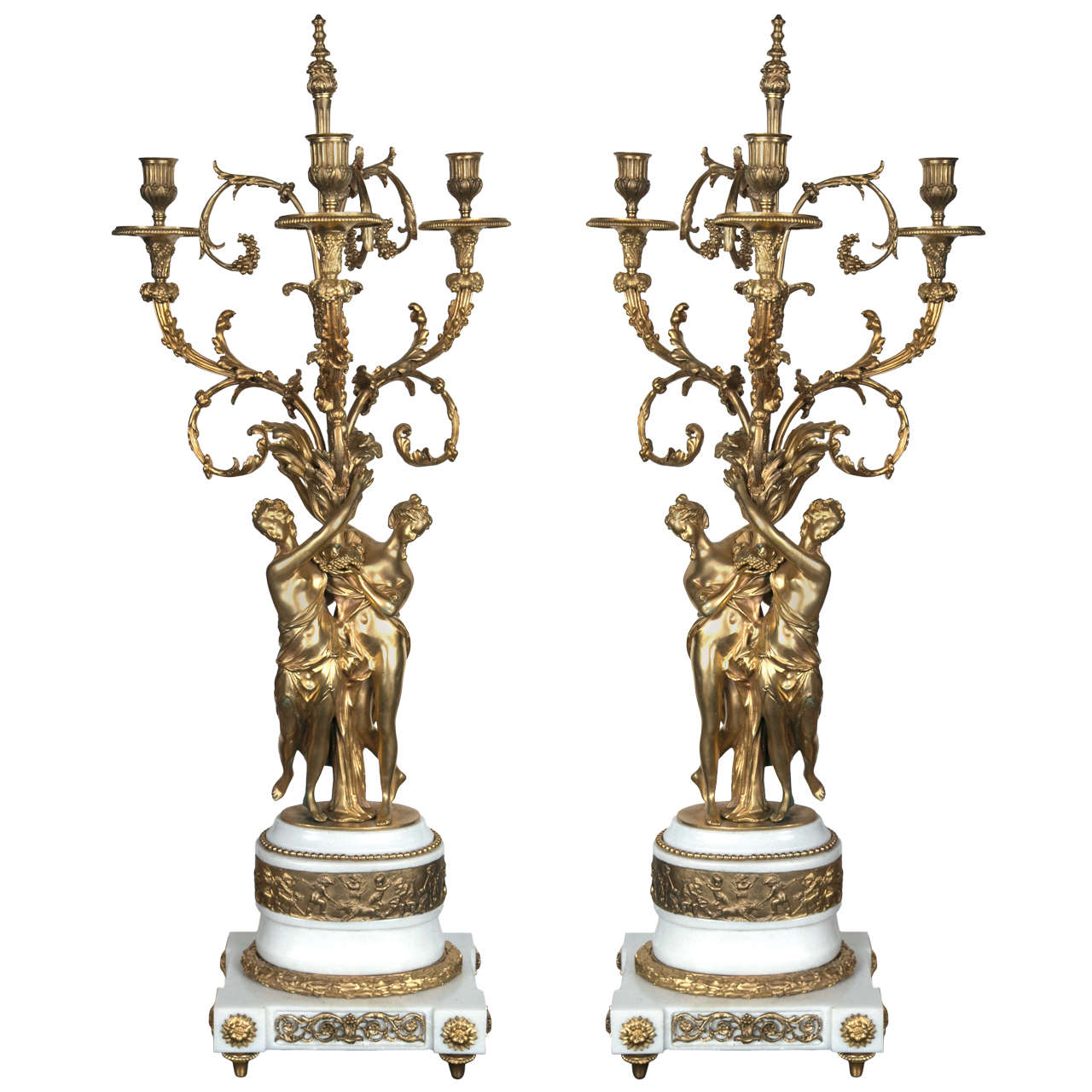 Pair of Three-Light Gilt Bronze and Marble Candelabras For Sale