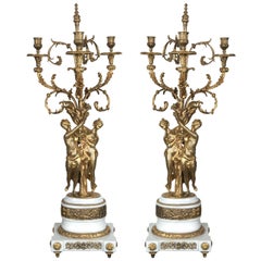 Pair of Three-Light Gilt Bronze and Marble Candelabras