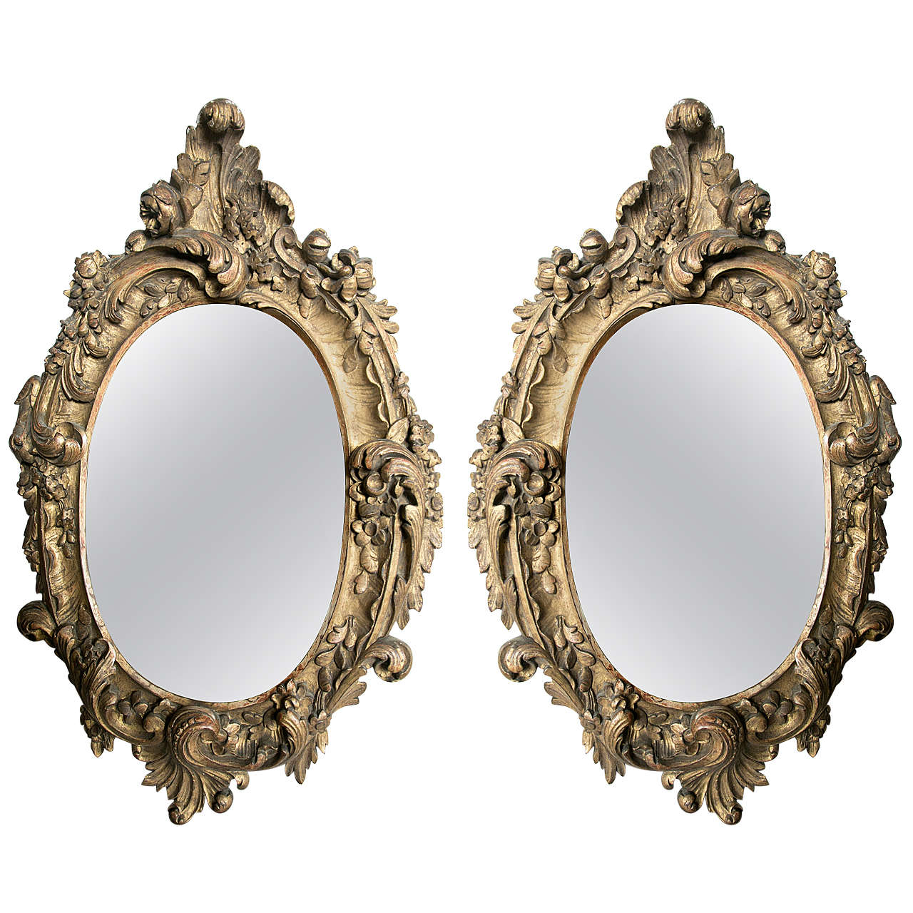 Pair of Oval Rococo Style Giltwood Mirrors For Sale at 1stdibs