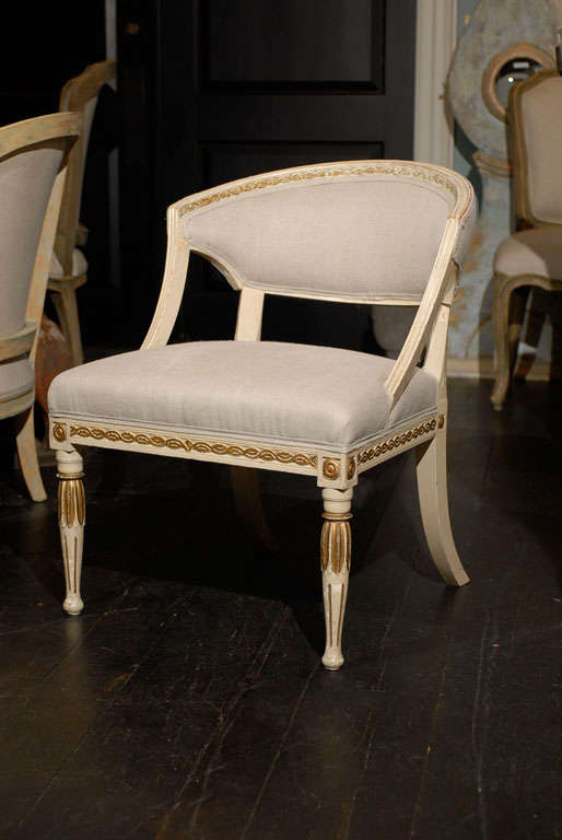 A Single Swedish 19th Century Neoclassical Style Painted and Gilded Tub Chair 4