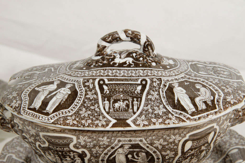 The design for these Spode pearlware sauce tureens was based on Greek and Roman drawings. Making them involved transferring images of classical figures from a copper engraving onto paper, and then from the wet paper onto the pottery. According to