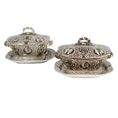 A Pair of Spode Sauce Tureens in Brown on White Transferware