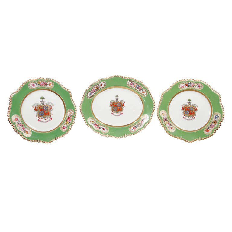 3 Apple Green Chamberlain's Worcester Porcelain Armorial Dishes