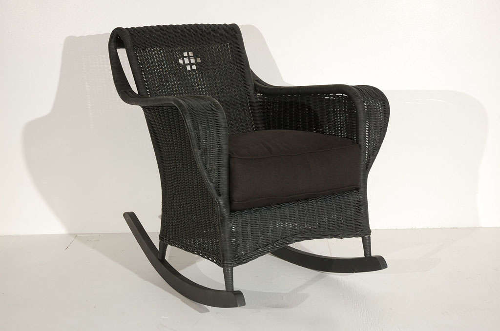 1930's Bar Harbor Black Painted Wicker Rocker W/linen Cushion