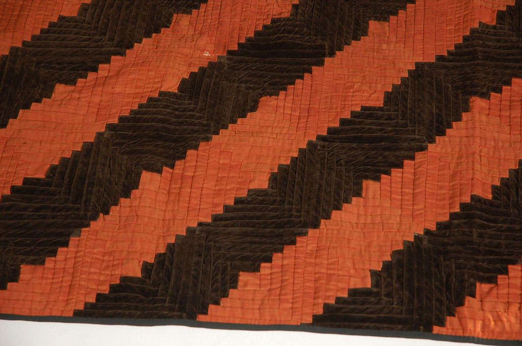 Fantastic 19th Century Wool and Velvet Log Cabin Quilt In Good Condition In Los Angeles, CA