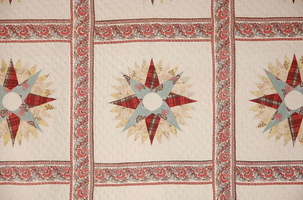 Cotton Rare & Early 19thc Chintz Mariners Compass Quilt