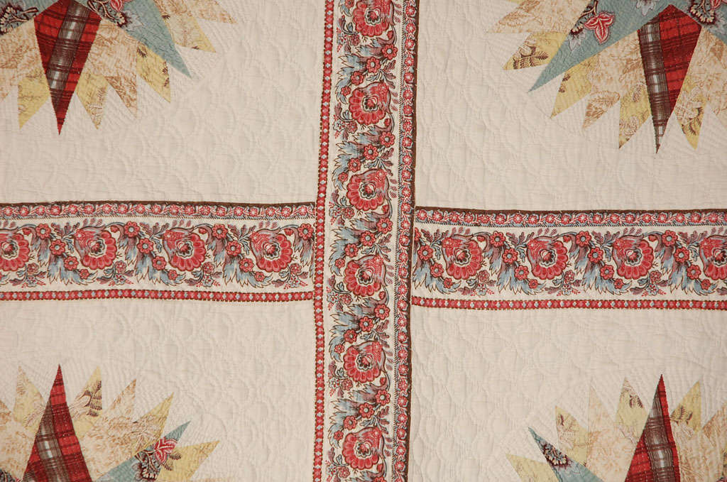 Rare & Early 19thc Chintz Mariners Compass Quilt 1