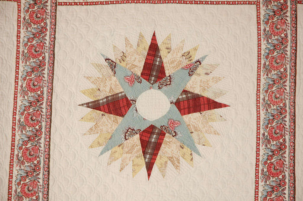 Rare & Early 19thc Chintz Mariners Compass Quilt 2