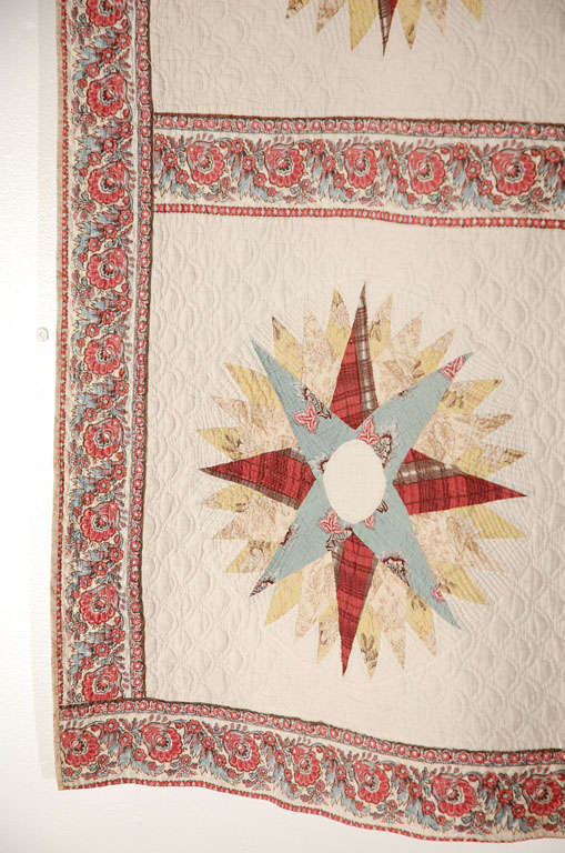 Rare & Early 19thc Chintz Mariners Compass Quilt 3