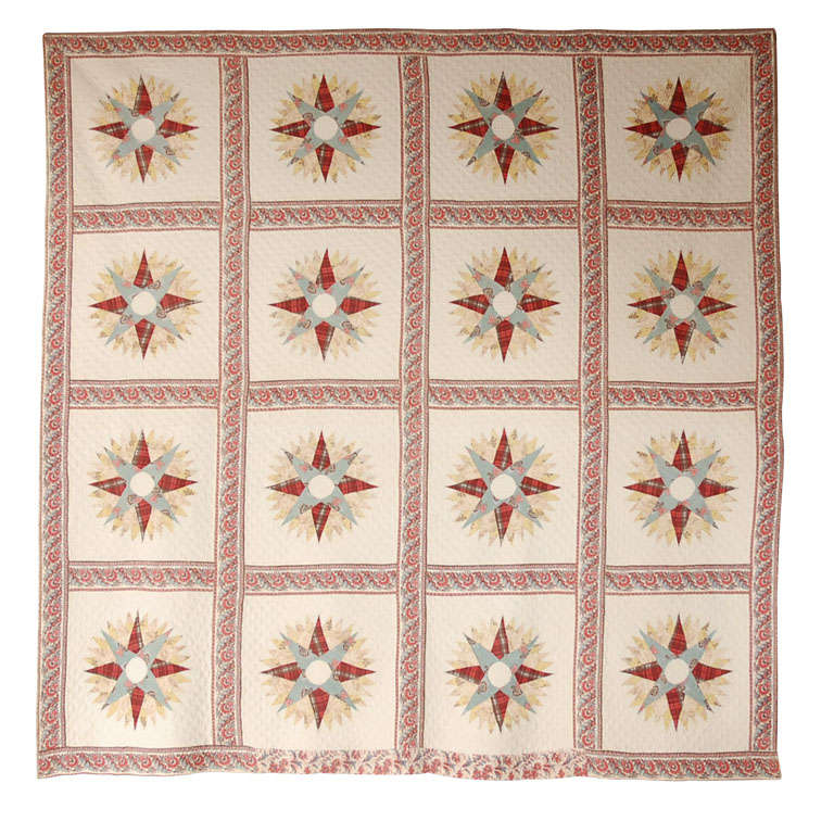 Rare & Early 19thc Chintz Mariners Compass Quilt